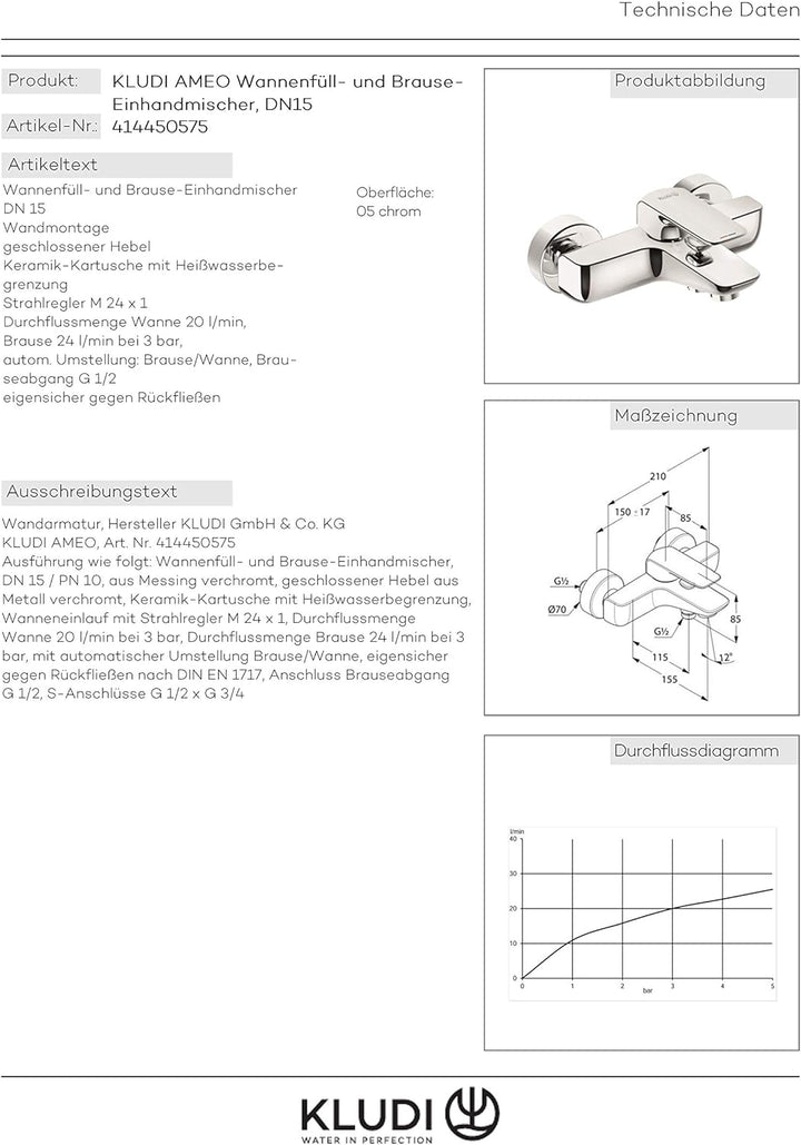 Kludi 414450575 , Wannenfüll- und Brause-Einhandmischer DN 15, Chrom