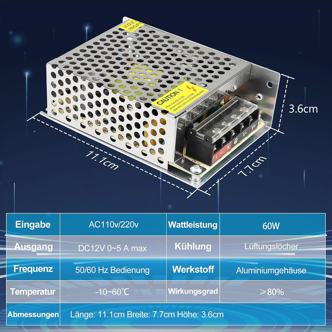 LightingWill Schaltnetzteil 12V 5A 60W Netzteil, LED Trafo Schaltwandler AC 230V auf DC 12 Volt, Ada