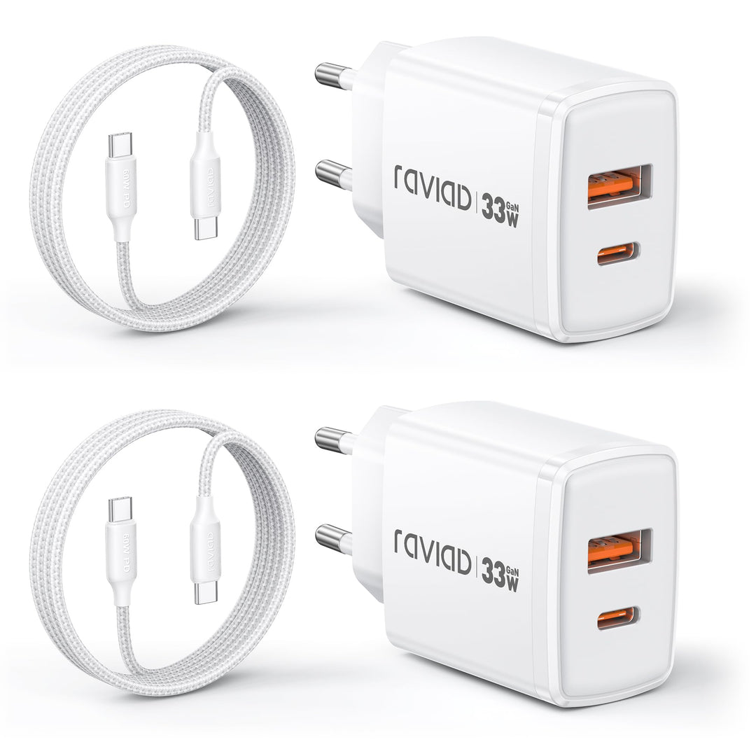 RAVIAD 33W USB C Ladegerät GaN Netzteil 2-Pack, 2-Port [USBC + USBA] PD Schnellladegerät mit USB C K