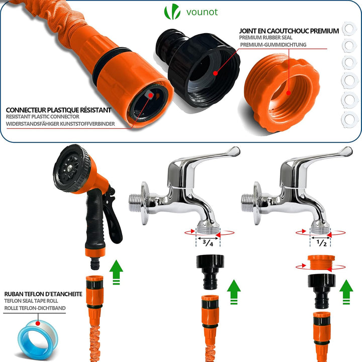 VOUNOT Flexibler Gartenschlauch 15 m, Flexibel Wasserschlauch Dehnbarer mit 10 Sprühfunktionen, 1/2