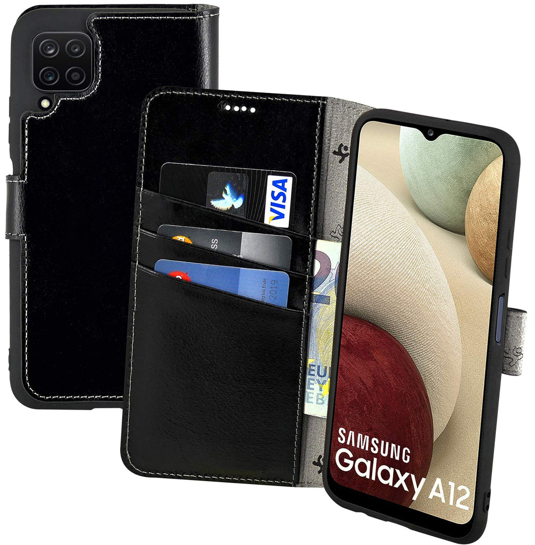 Suncase Book-Style Hülle kompatibel mit Samsung Galaxy A12 Leder Tasche (Slim-Fit) Lederhülle Handyt