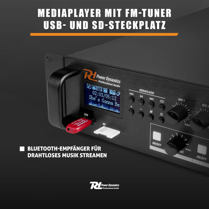 Power Dynamics PDV120MP3 4 Zonen Receiver 120 Watt, Verstärker mit Bluetooth und MP3, USB, SD, UKW R