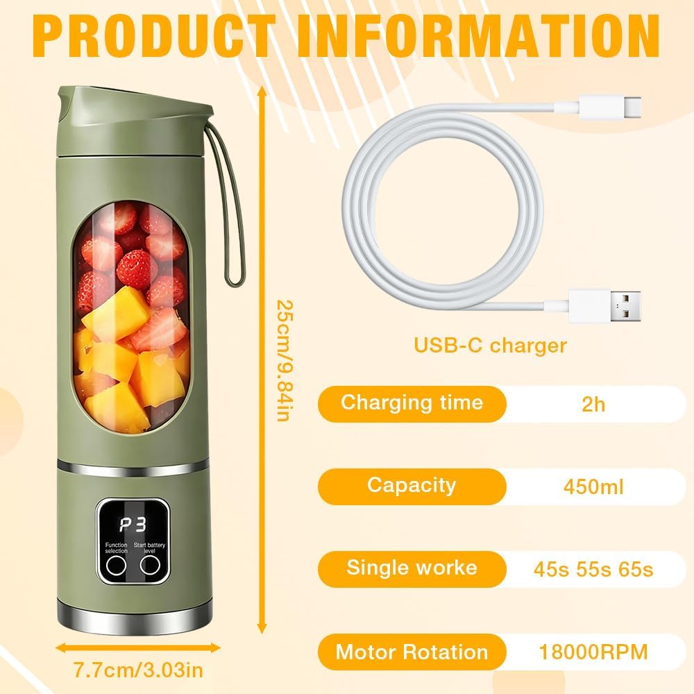 Tragbarer Mixer, 450ml Mixer Smoothie Maker to Go, Portable Blender mit 12-Blatt, Mini Standmixer mi