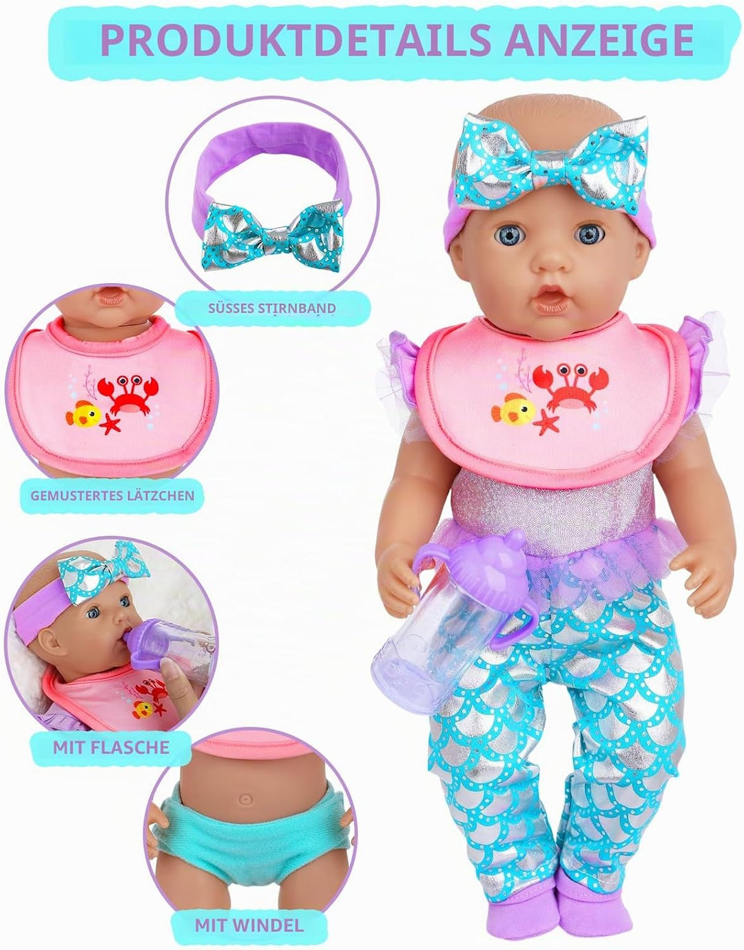 Meerjungfrau Puppen Set 40-46 cm - Zubehör für Baby Puppen mit Strampler, Kuscheldecke, Haarband, Wi