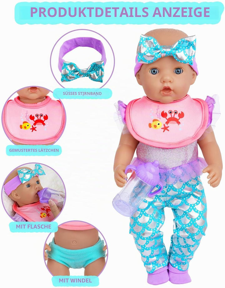 Meerjungfrau Puppen Set 40-46 cm - Zubehör für Baby Puppen mit Strampler, Kuscheldecke, Haarband, Wi