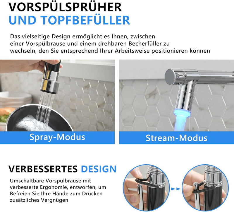 TIMACO LED Wasserhahn Küche Chrom mit Schloss Brause Ausziehbar - 360° Schwenkbare- Pull-Down-Spray