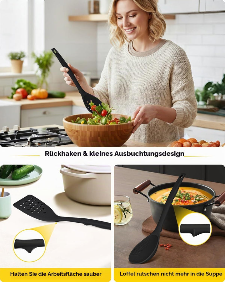Packung von 4 Silikon Kochgeräte Set, Non-Stick-Festspalten und hitzebeständige Schlitzlöffel mit Rü
