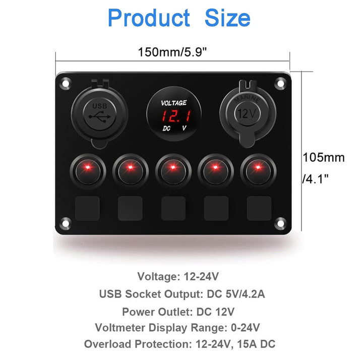 Geloo 5 Gang Schalter Panel, 12V/24V Kippschalter Panel IP65 Wasserdichte LED Voltmeter Dual USB Buc