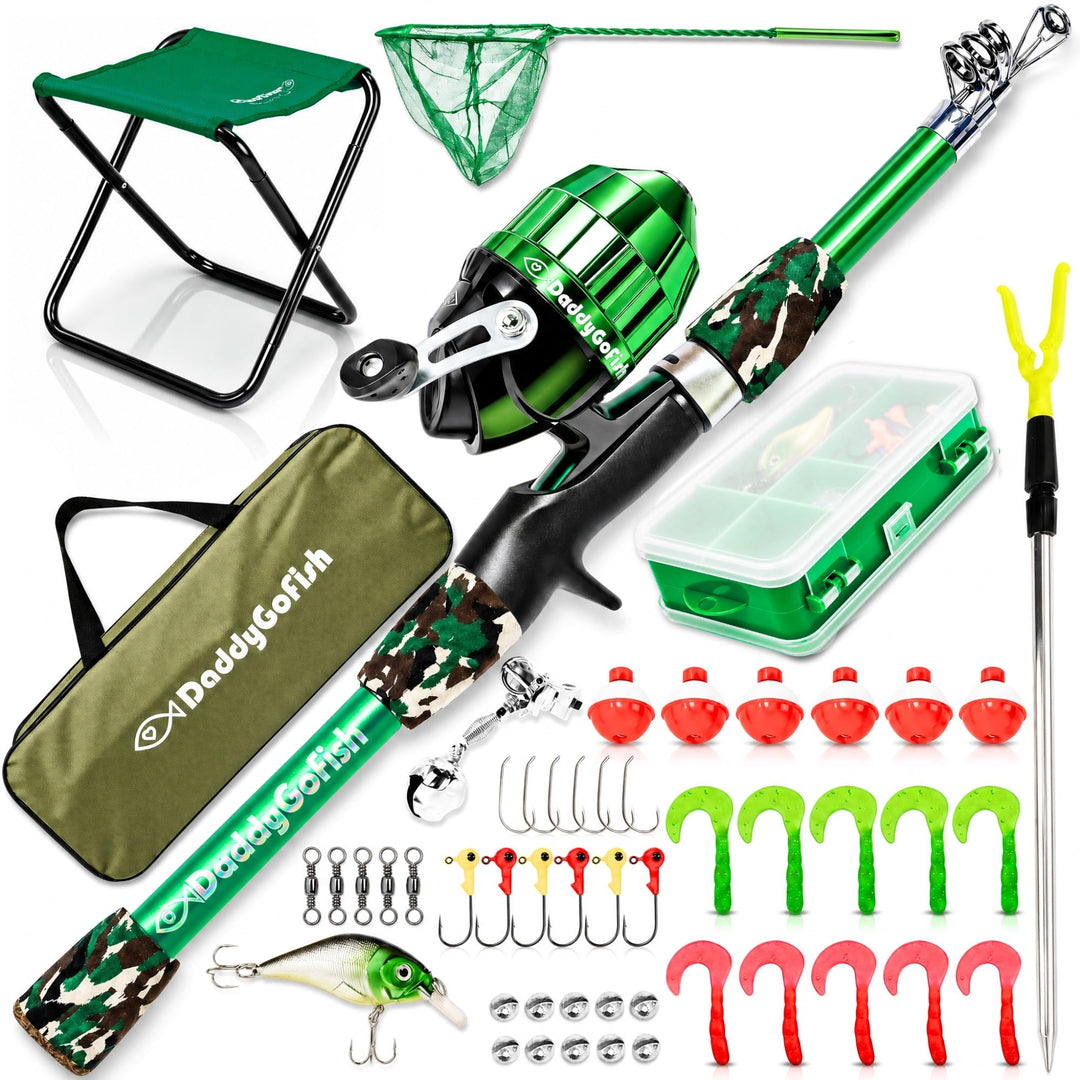 DaddyGoFish Kinder Angelset - Teleskoprute &amp; Rolle Combo mit Klappstuhl, Rutenhalter, Tackle Box, Kö