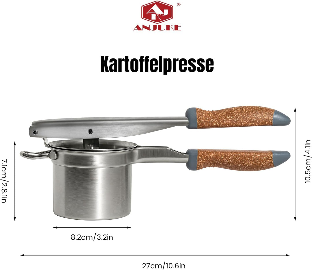 Kartoffelpresse Edelstahl mit fester Scheibe, Robuster Kartoffelstampfer mit Holz-Kunststoff-Griff,