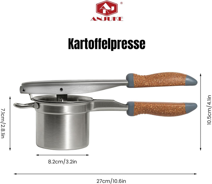 Kartoffelpresse Edelstahl mit fester Scheibe, Robuster Kartoffelstampfer mit Holz-Kunststoff-Griff,