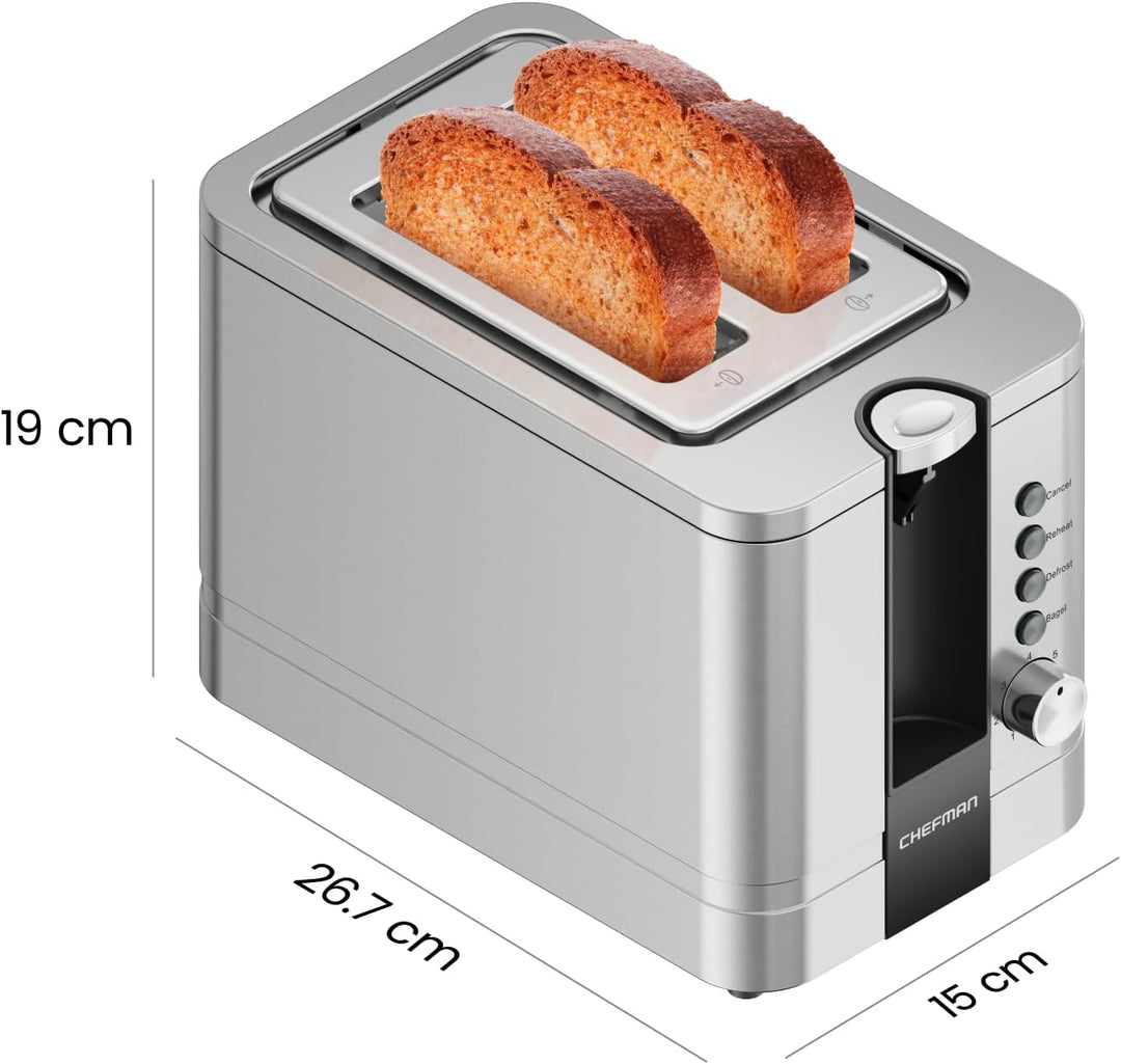 Chefman Edelstahl-Toaster für 2 Scheiben mit 7 Bräunungseinstellungen, extrabreiten Schlitzen für Ba