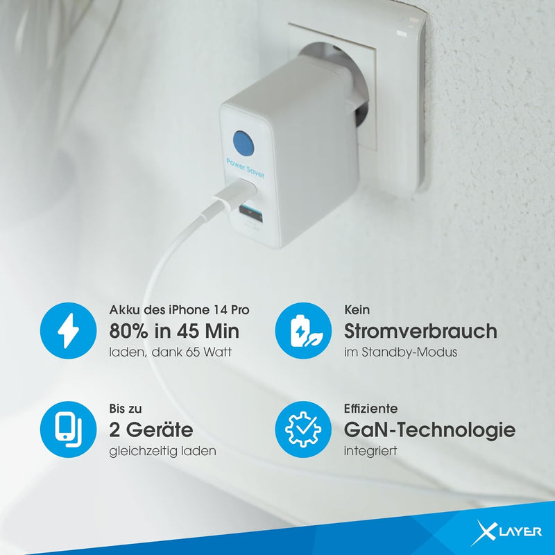 XLayer Power Saver 65W USB C Ladegerät PD Netzteil Knopfdruck Schnellladegerät mit Strom-Stopp-Funkt