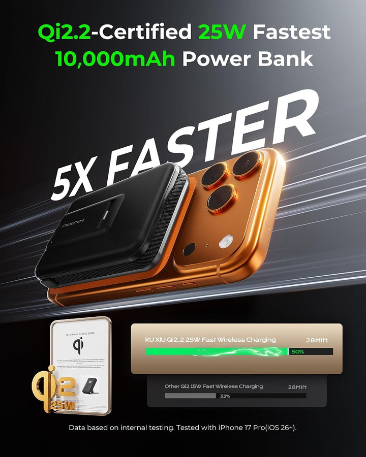 KU XIU Qi2.2 25W Powerbank für MagSafe, Festkörper Power Bank 10000mAh