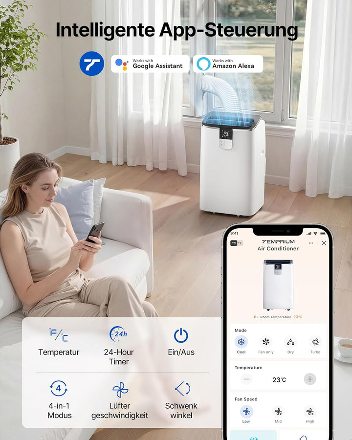 Mobile Klimaanlage 12000BTU mit Abluftschlauch | 4-in-1 Mobiles Klimagerät mit Fensterabdichtung | A