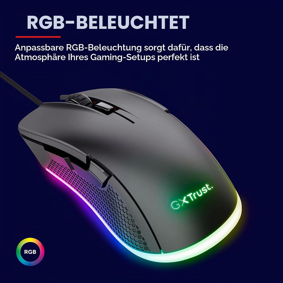 Trust Gaming GXT 922 Ybar Gaming Maus, 68% Recycelten Materialien, RGB LED-Beleuchtung, 6 Programmie