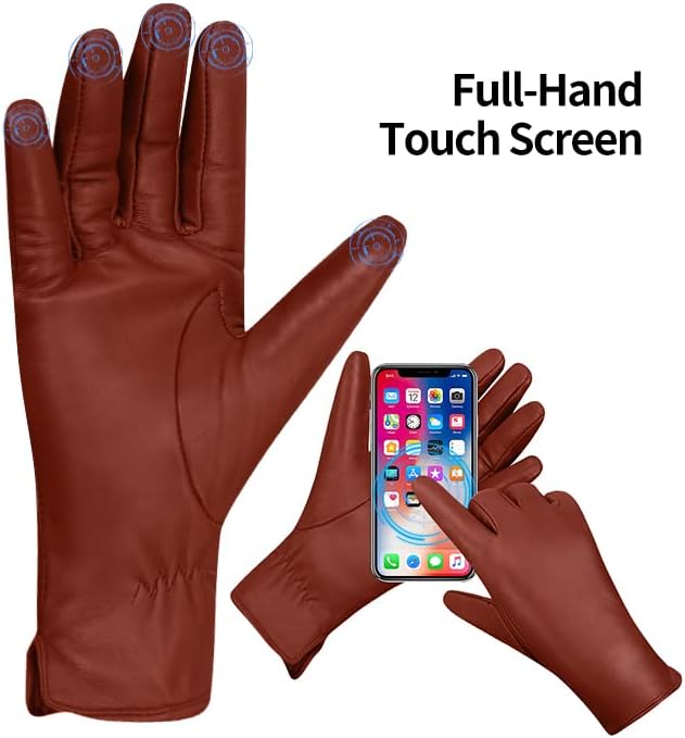 MGGMOKAY Damen Lederhandschuhe Kaschmir gefüttert S Rot-Braun (Touchscreen, Innenfutter aus Kaschmir