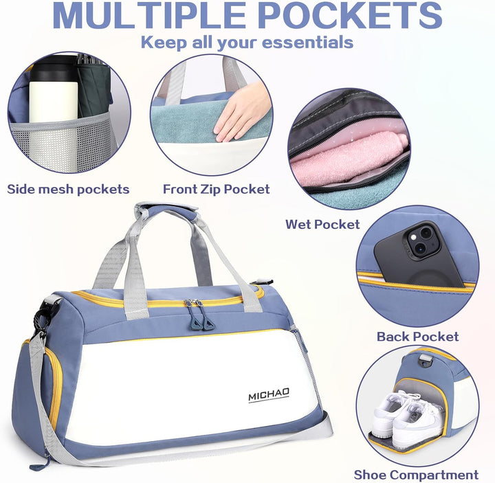 Reisetasche Gross Sporttasche Damen 48x23x27 mit Schuhfach und Nassfach Wasserfest Handtasche, Duffl
