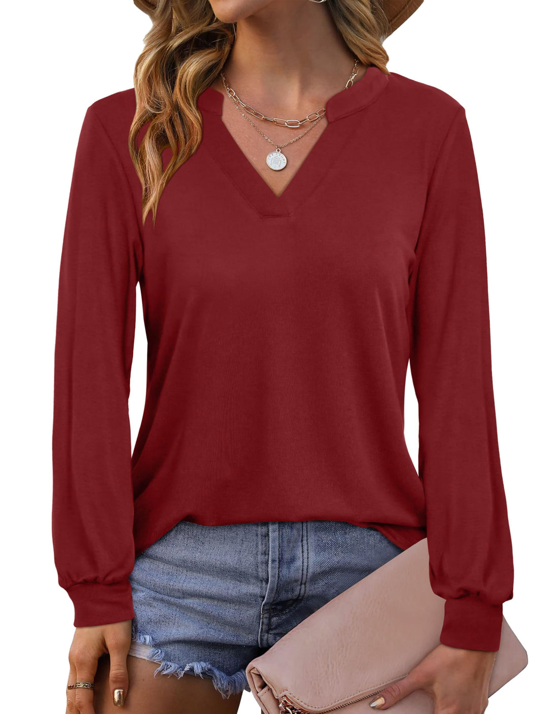 Beluring Langarmshirt Damen Elegant V Ausschnitt Tunika Bluse Einfarbig T-Shirt, S Weinrot