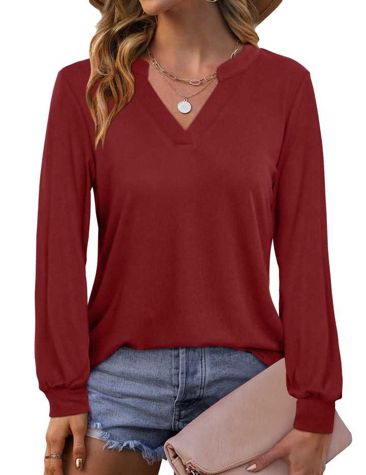 Beluring Langarmshirt Damen Elegant V Ausschnitt Tunika Bluse Einfarbig T-Shirt M Weinrot, M Weinrot