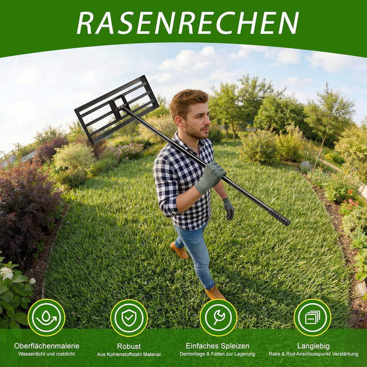 Rasen-Nivellierungsrechen 198cm 43x25cm, Verstellbarer Rasenplanier-Rechen mit 119–198 cm Griff, 180