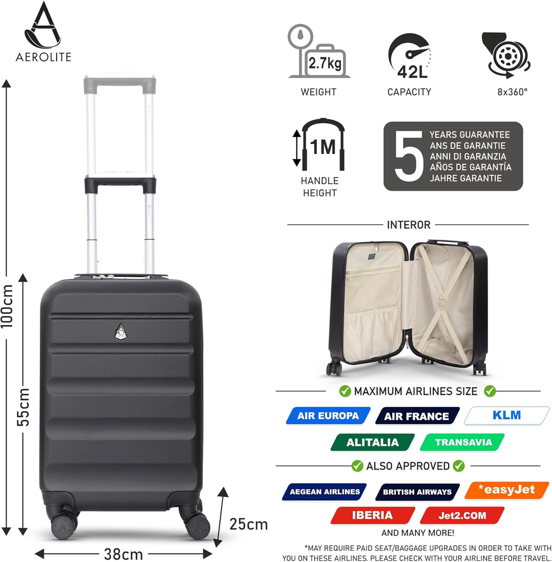 Aerolite 55x35x25cm Hartschalen-Koffer Handgepäck mit 4 Rollen Bordgepäck Maximale Grösse für Air Eu