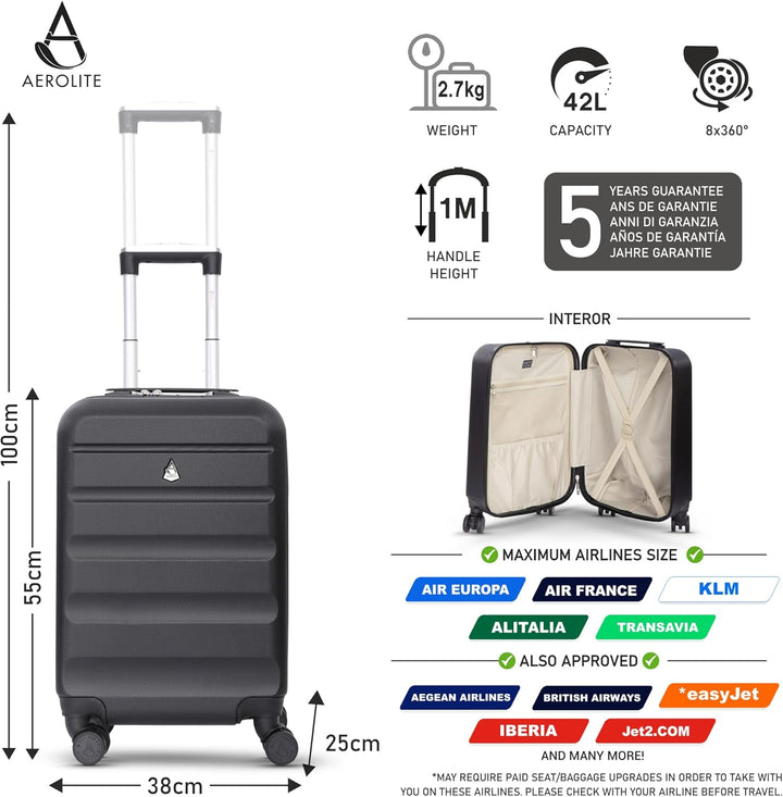 Aerolite 55x35x25cm Hartschalen-Koffer Handgepäck mit 4 Rollen Bordgepäck Maximale Grösse für Air Eu