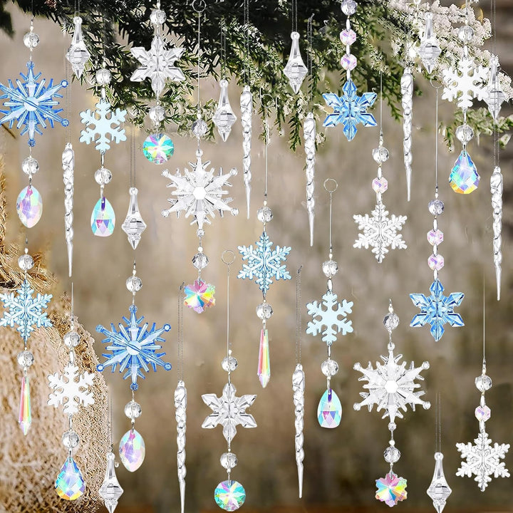 32 Stück Acryl Eiszapfen Schneeflocke Eistropfen Anhänger,Weihnachtsbaum Kristall Dekorationen,Weihn