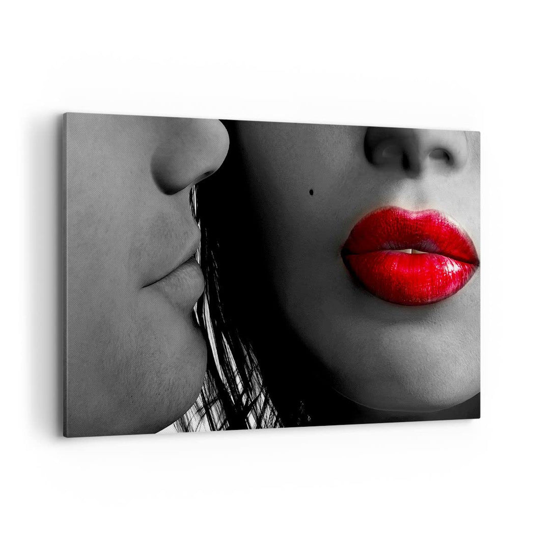 Bilder auf Leinwand 100x70cm Leinwandbild Rote Lippen dunkles Haar Modell Liebe Gross Wanddeko Bild
