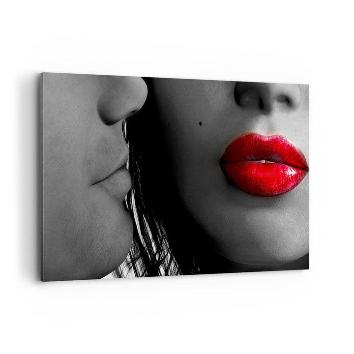 Bilder auf Leinwand 100x70cm Leinwandbild Rote Lippen dunkles Haar Modell Liebe Gross Wanddeko Bild
