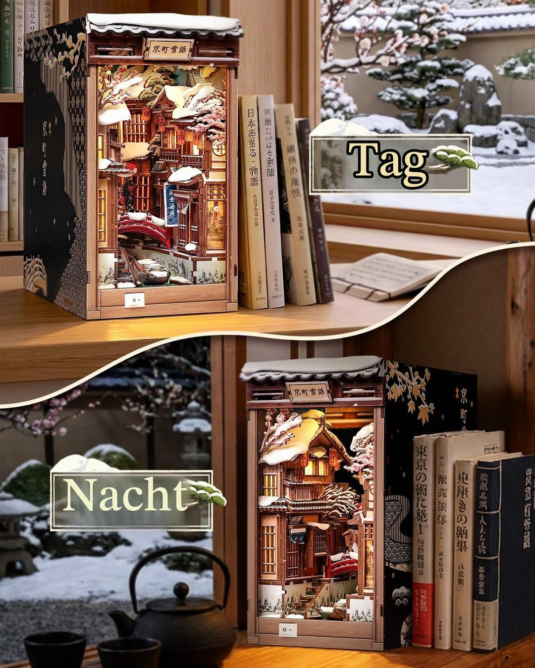 CUTEBEE Book Nook Kit - Japanischer Stil DIY Miniatur-Winterhaus, LED-beleuchtetes Buchregal-Deko Ga
