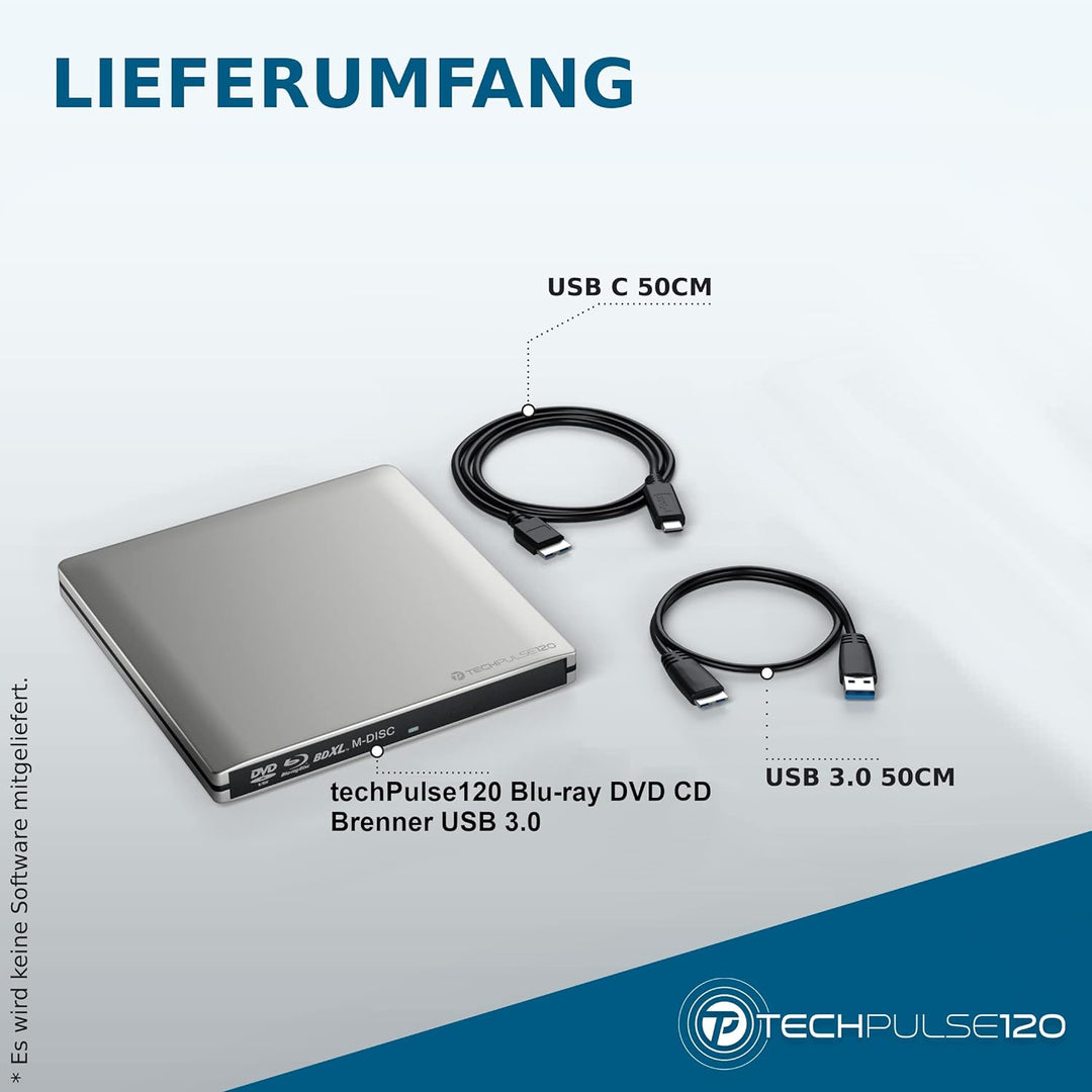 techPulse120 USB 3.0 Typ-C externer Blu-ray Brenner 3D M-Disc BDXL 100GB Burner Superdrive Blueray L