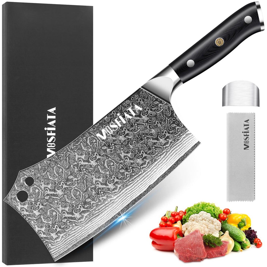 MOSFiATA Damast Hackmesser 7 Zoll, Kochmesser Klassik Chinesches Küchenmesser, Damastmesser Kochmess