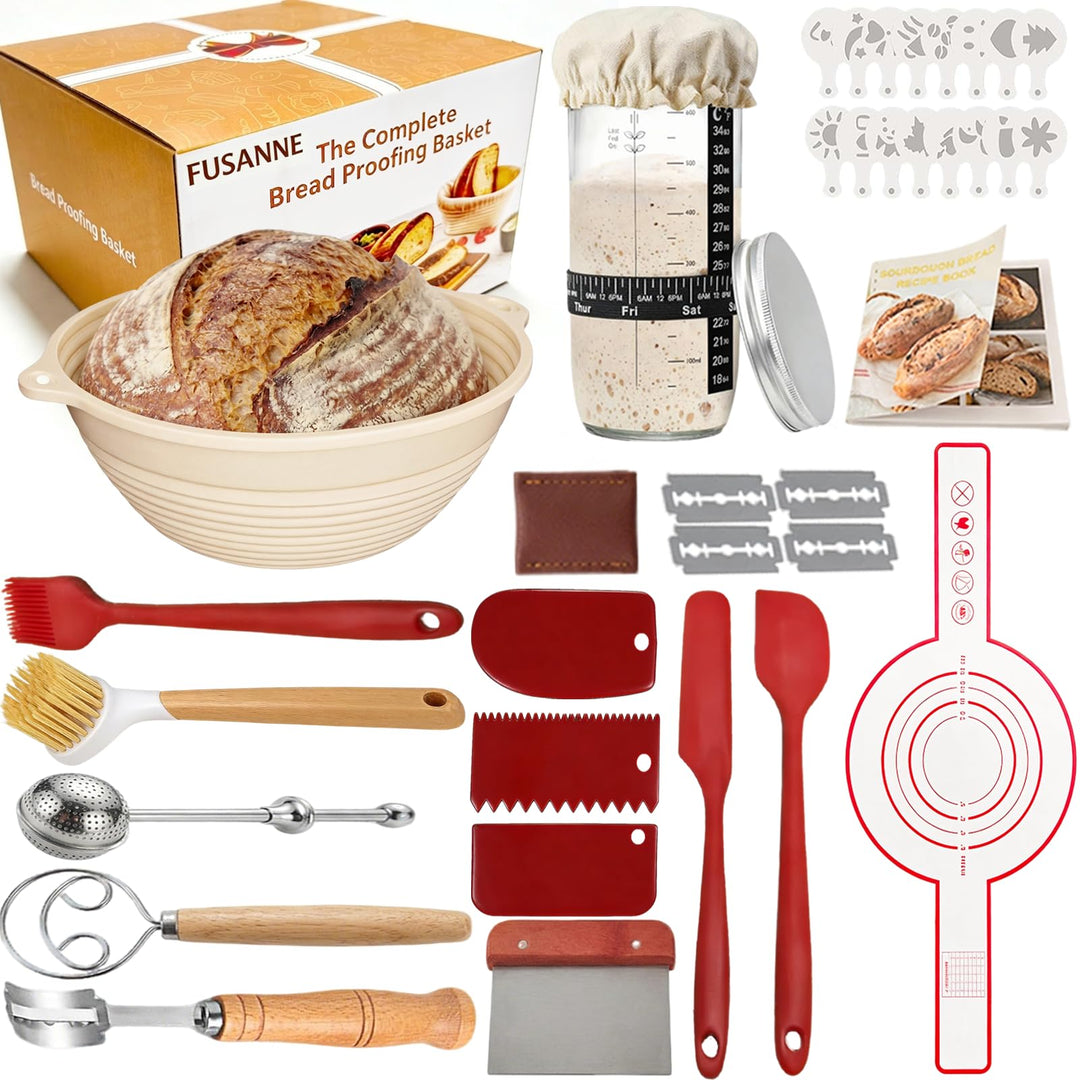 Sauerteig Starter Set, Brot backen Zubehör 23 teilig, Gärkorb Brot Rund 23cm, Brotkorb zum Backen, B