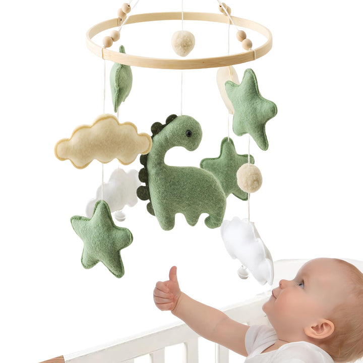 Baby Windspiel Dinosaurier mit Sternen & Wolken – Holz Mobile Babybett Dekor, Sensorisches Spielzeug