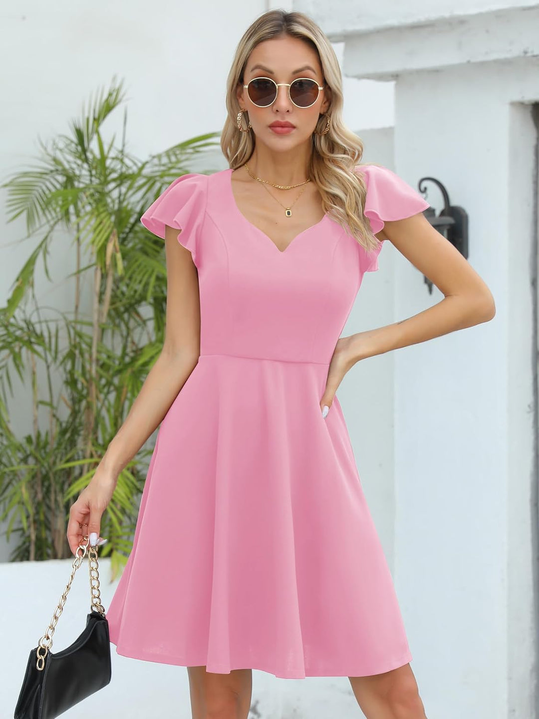 Missufe Damen Cocktailkleid Elegant Vintage Minikleid Kurz A-Linie Herzausschnitt Kleider Hellrosa X