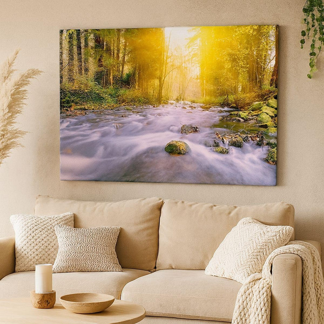 ARTTOR Bilder auf Leinwand 100x70cm Leinwandbild Herbst Wald Berg Fluss Gross Wanddeko Bild Schlafzi