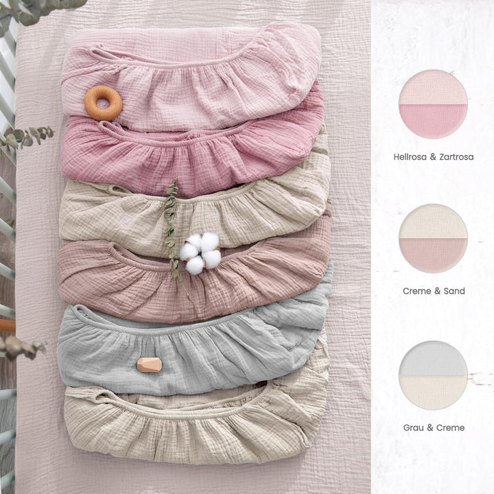 lulumoon Musselin Kinderbett Spannbettlaken Set: Weiches &amp; Atmungsaktives Spannbetttuch für Reisebet