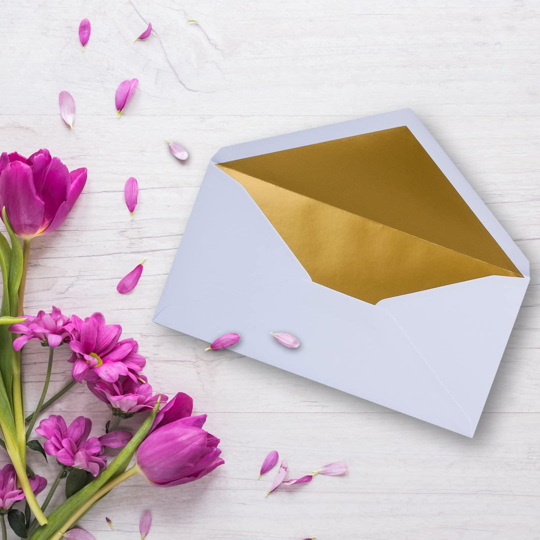 100 Brief-Umschläge DIN Lang - Weiss mit Gold-Metallic Innen-Futter - 110 x 220 mm - Nassklebung - f