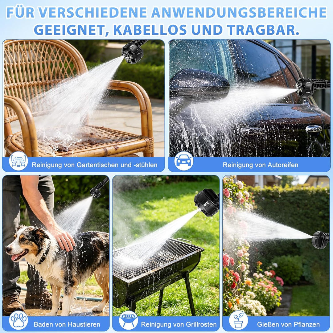 Akku Hochdruckreiniger, Mobiler hochdruckreiniger mit 2×3.0Ah Akkus, 6-in-1 Multifunktionale, 5M Sch