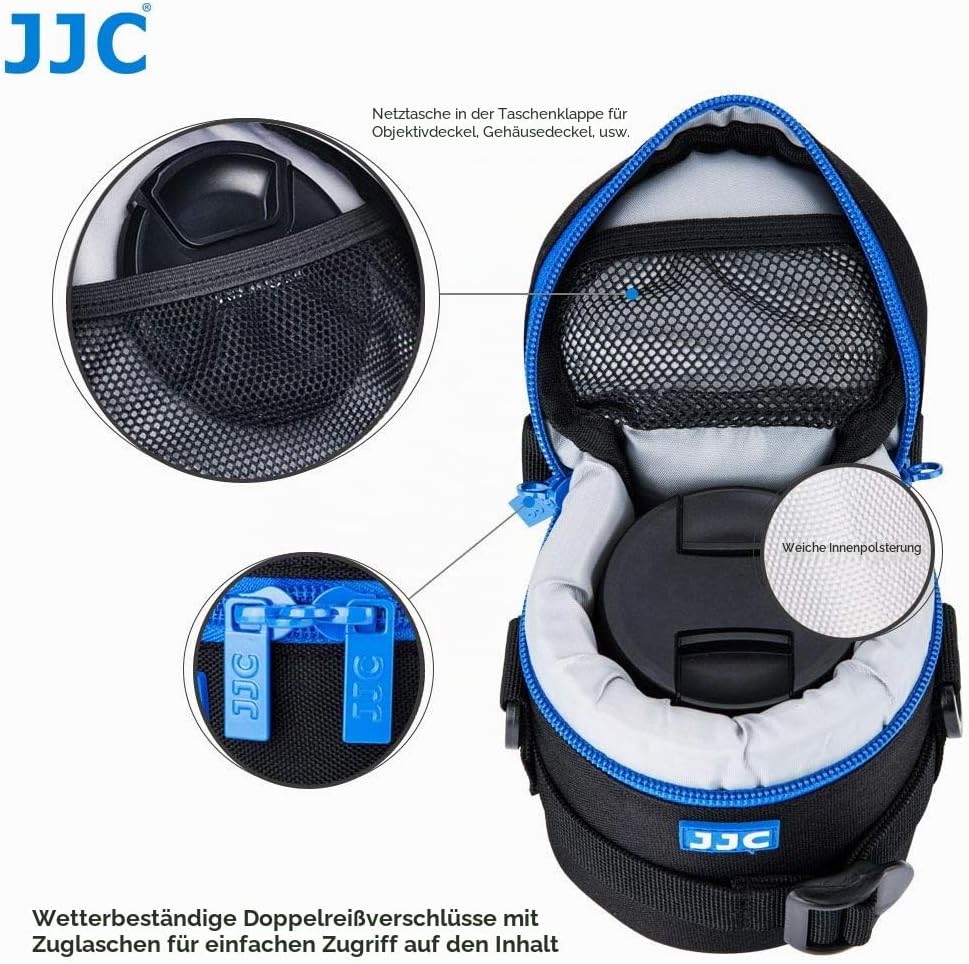 JJC Deluxe Objektiv Tasche mit 1 x Umhängeband, Wasserabweisend, Schwarz, passt Objektiv Durchmesser