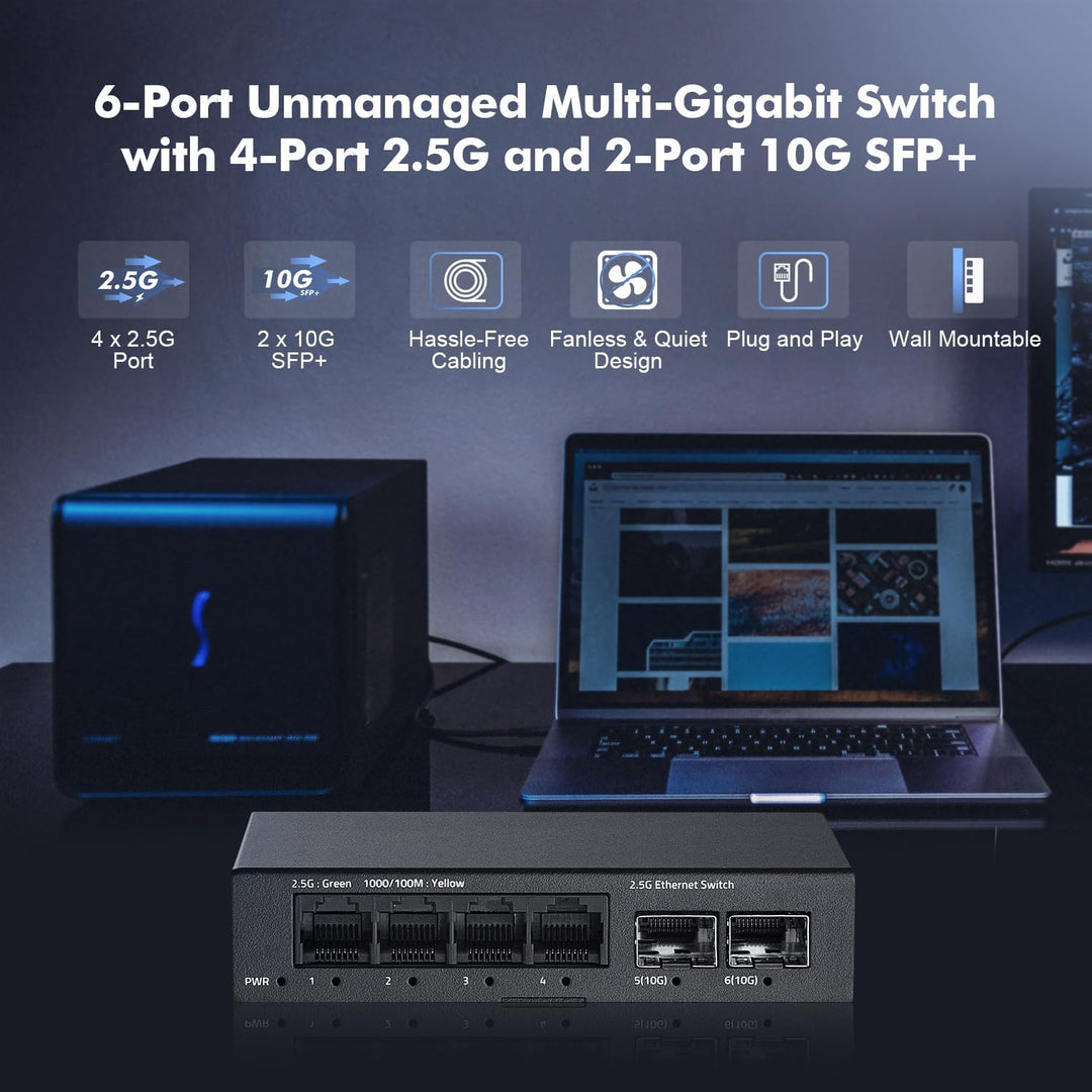 YuLinca 6 Port 2.5G Unmanaged Switch, 4 x 2.5GBASE-T Ports mit 2 x 10G SFP+, 60Gbps Switching Kapazi