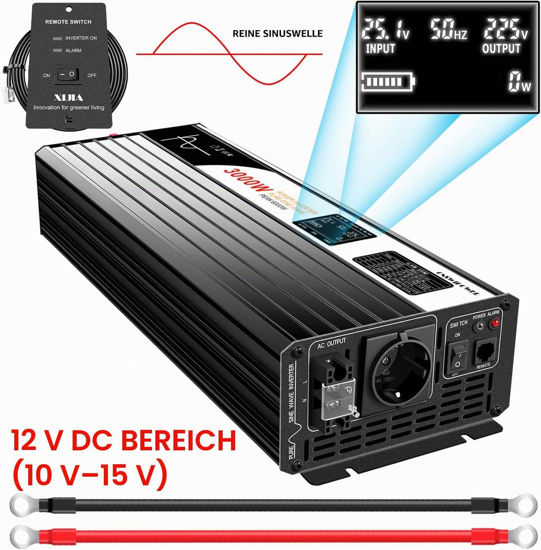 Xijia 3000W Wechselrichter 12V 230V Reiner Sinus Spannungswandler (6000W Spitzenleistung), LCD-Displ