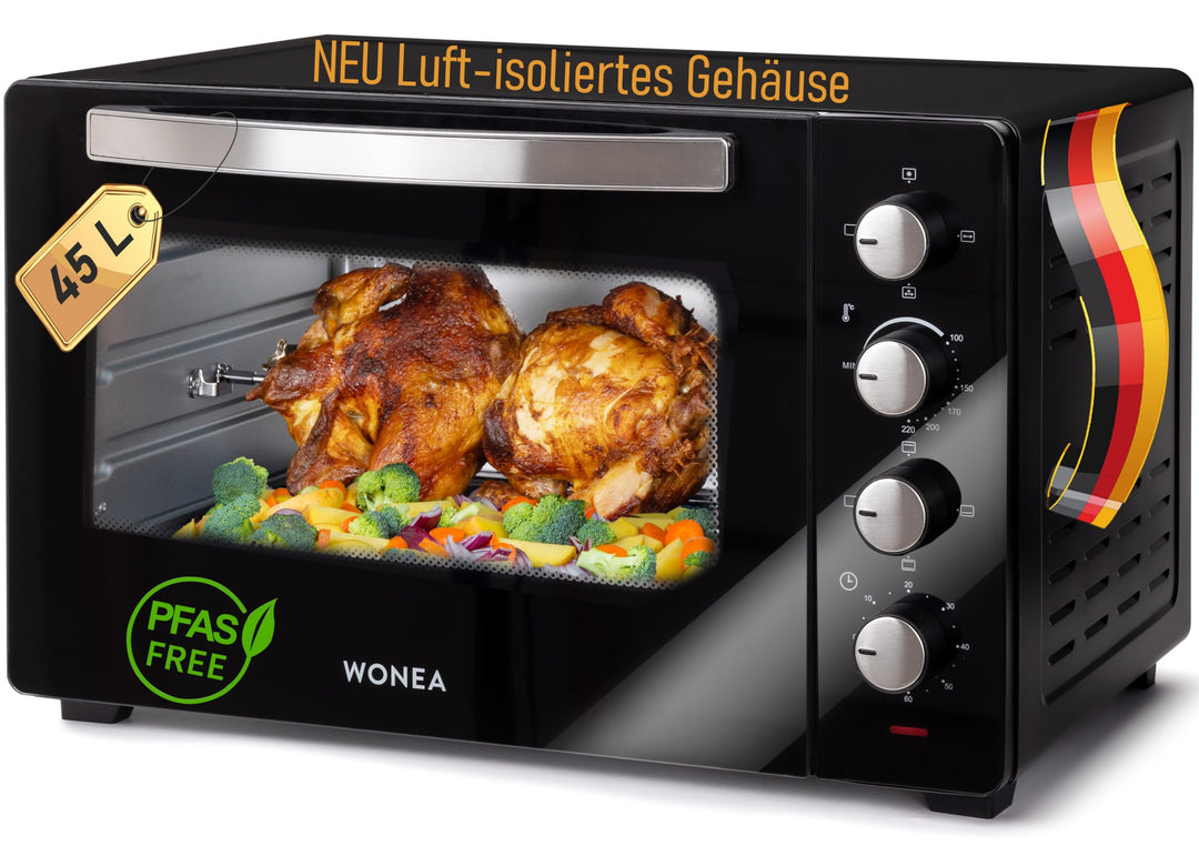 Minibackofen 45 Liter mit Glasfront und 2.000 Watt | Mini Backofen mit Umluft, Drehspiess und Krümel