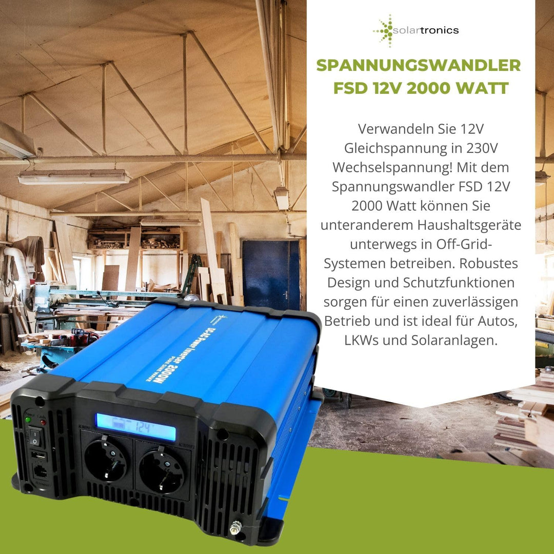 solartronics Spannungswandler FS2000D 12V 2000/4000 Watt Reiner Sinus BLAU m. Display FS Serie LiFeP