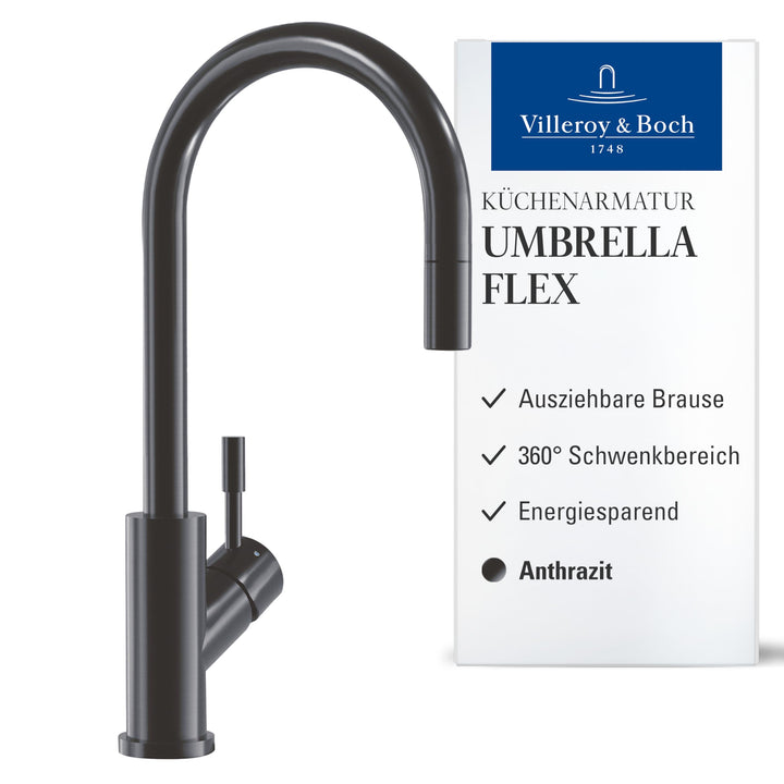 Villeroy &amp; Boch Umbrella Flex Küchenarmatur, Hochdruck, Wasserhahn Küche mit ausziehbarer Brause und