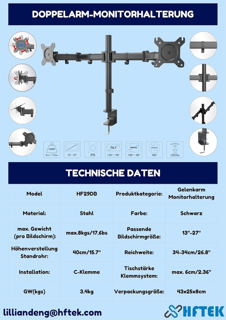 HFTEK - Monitor TV Tisch-Halterung Halter für Bildschirme von 13 bis 27 Zoll – VESA 75/100 (HF29DB),