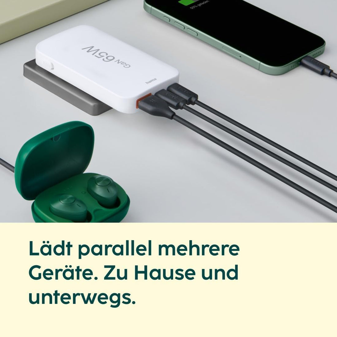 Hama USB C Ladegerät (Schnellladegerät 65 Watt, Ladestecker für Steckdose 2X USB-C, 1x USB-A, für Ha