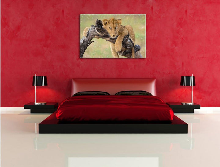 Pixxprint Junger Löwe in der Natur Kunst Buntstift Effekt, Format: 100x70 auf Leinwand, XXL riesige