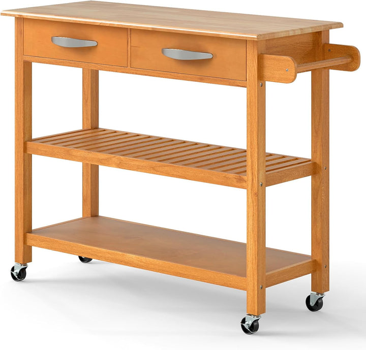COSTWAY Küchenwagen Holz, Küchenschrank mit Rollen, Rollwagen mit Arbeitsplatte, 2 Schubladen, 2 off